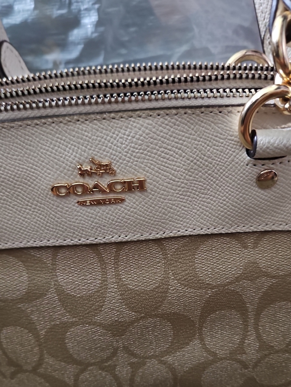 Coach Two-Tone Signature Satchel in Beige and Cream - Picture 5 of 12